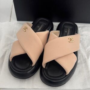 CHANEL Women's Black and Cream Sandals with Gold Accents